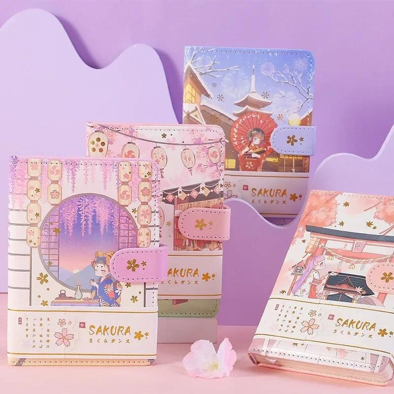 

Creative Leather Cover Magnetic Button Notebook Color Page Illustrations Student Planner Book Sakura My Little Ice Cream