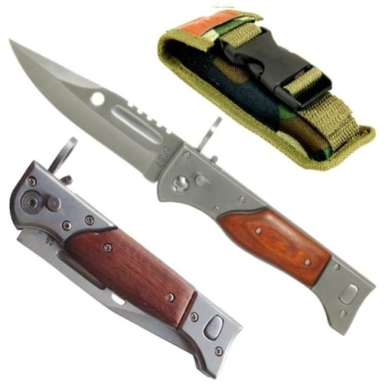 Pisau Lipat Survival Tactical - Gagang Kayu + Sarung Outdoor Multifungsi