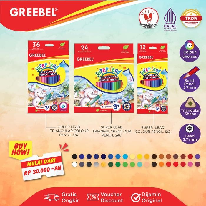 

TERLARIS! GREEBEL Pensil Warna anak SUPER LEAD / Coloring Pencils Cerah tidak berdebu aman non toxic - 3712 ( 12 WARNA )