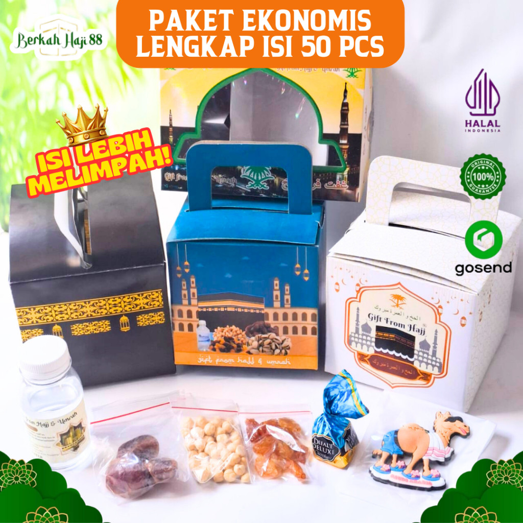 

Oleh Oleh Umroh Dan Haji Paket Gift Hampers Tas Tali Teng-Teng Air Zamzam Isi 50 Paket PREMIUM