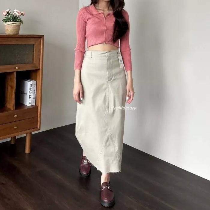 Rome Skirt - Rok Cotton Chinos Panjang Wanita - Pocket Long Skirt Maxi - Cream