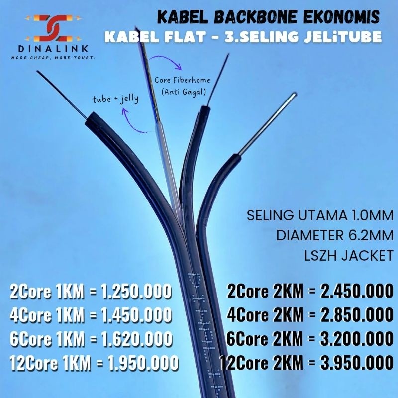 

KABEL FIBER FO DINALINK TUBE JELLY 3-SELING | 2CORE 4CORE 6CORE 12CORE
