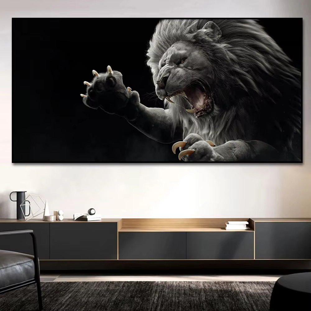

Fierce Lion Poster, Modern Minimal Wall Art, Canvas Painting Print, Black Gray Animal Picture, Living Room Home Interior Decor