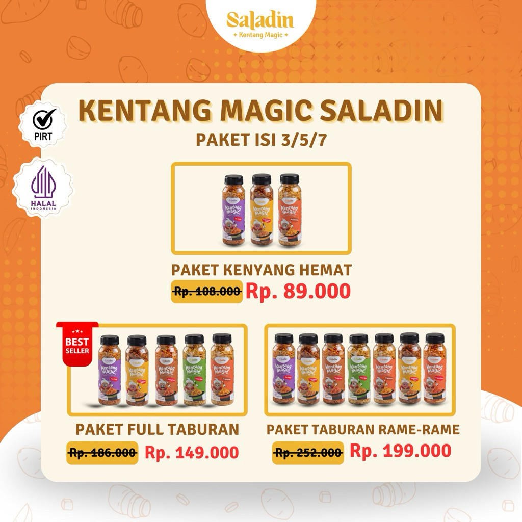 

Kentang Saladin Magic | Paket Isi 3 / 5 / 7 I Mustofa I Tanpa MSG • Minyak Kelapa • Renyah & Gurih