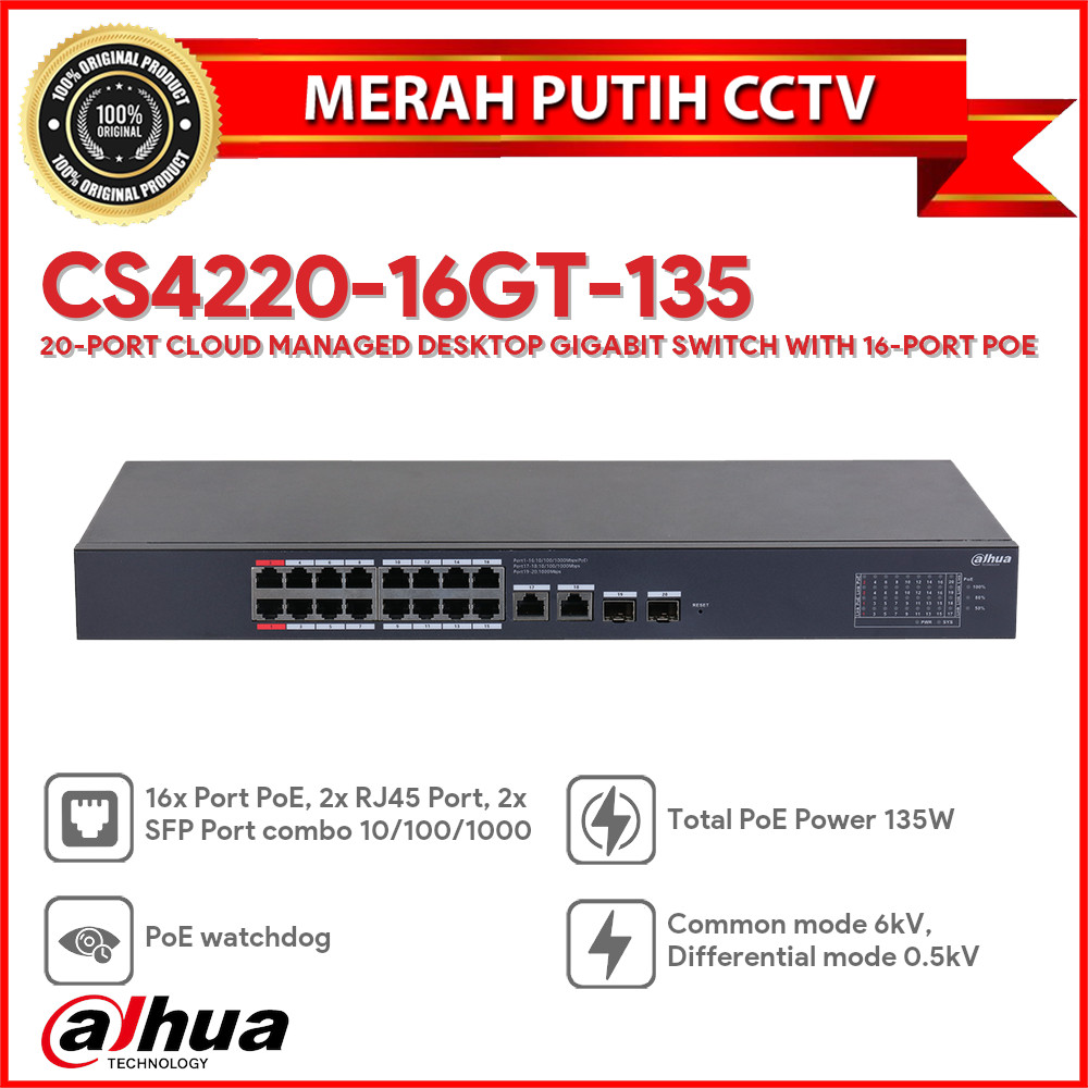 DAHUA CS4220-16GT-135 20-PORT CLOUD MANAGED DESKTOP GIGABIT SWITCH WITH 16-PORT POE