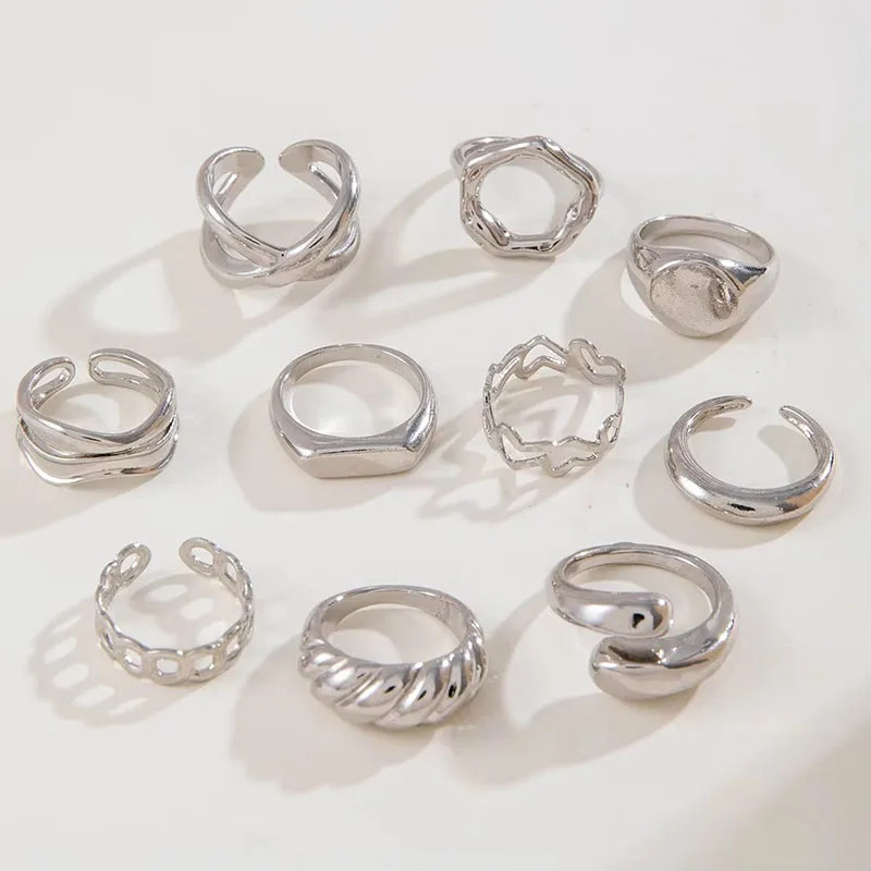 Si 10 Gold-Silver Statement Ring Set Set Cincin Vintage Cincin Buku Jari Wanita Tidak Beraturan