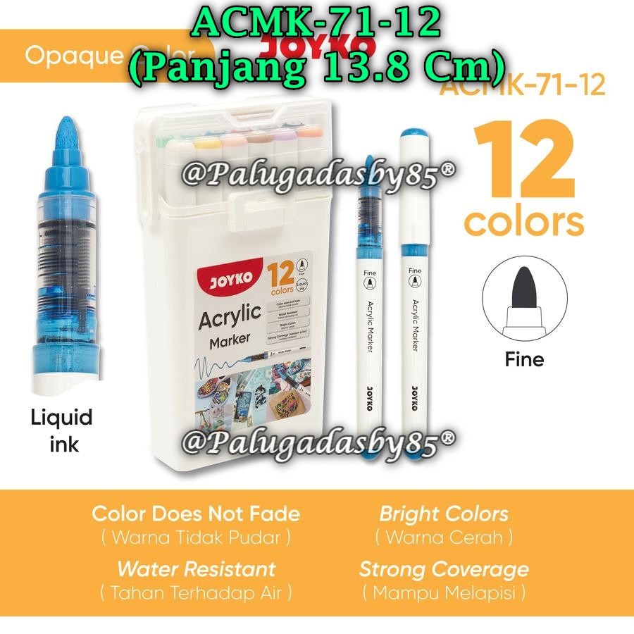 

(1 Set) GROSIR Spidol Akrilik JOYKO ACMK-71-12 12Warna Acrylic Marker Spidol Akrilik ACMK-71 (1 Set)