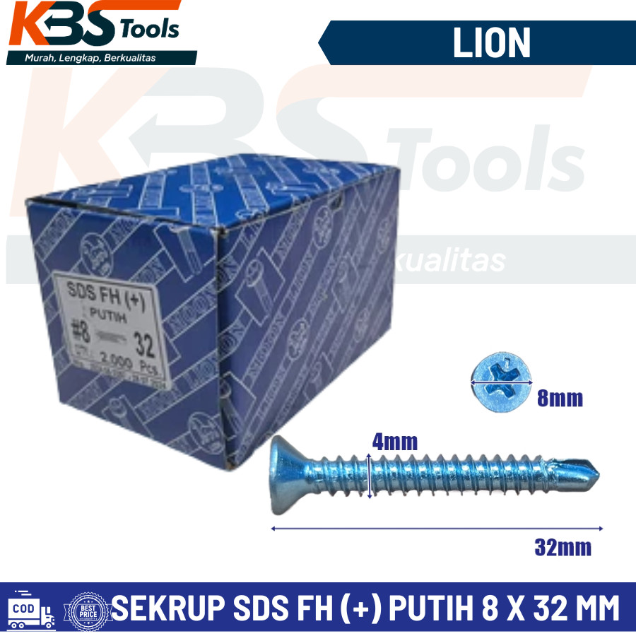 Sekrup SDS Moon Lion 8 x 32 mm Skrup FH (+) Putih 8x32mm 100 Pcs