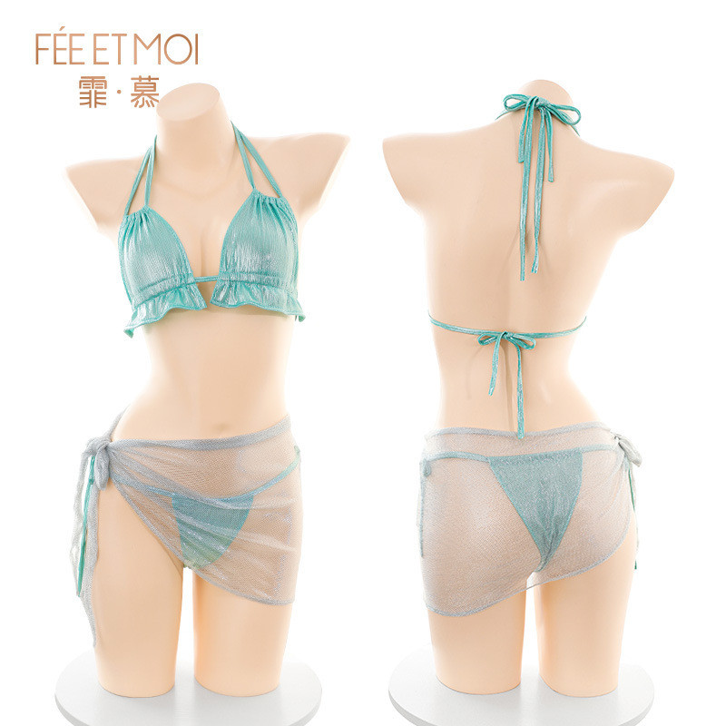 1519 Bikini Hijau Silver Seksi Transparan Set Dalam Cewek Nakal Isi Bra Celana Mini Rok Tipis Menggo