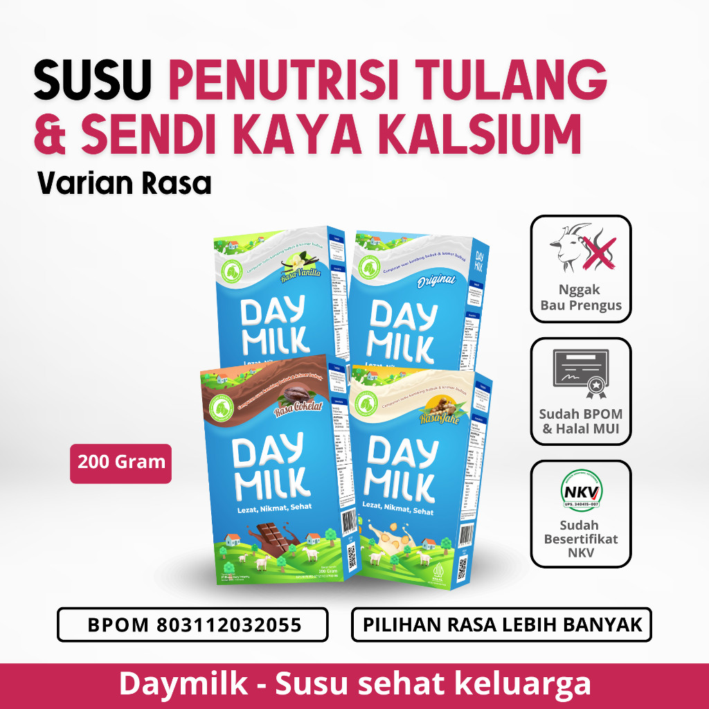 

DAYMILK - Susu Etawa Bubuk - Varian Rasa Original/Coklat/Vanila/Jahe - Kaya Kalsium & Rendah Gula