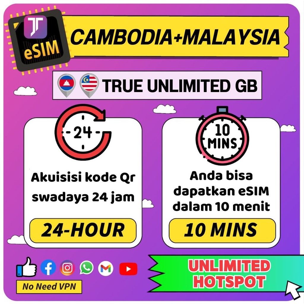 JTravel eSIM CAMBODIA+ MALAYSIA Unlimited GB Kuota 3-10days travel eSim UNLMITED HOTPSOT