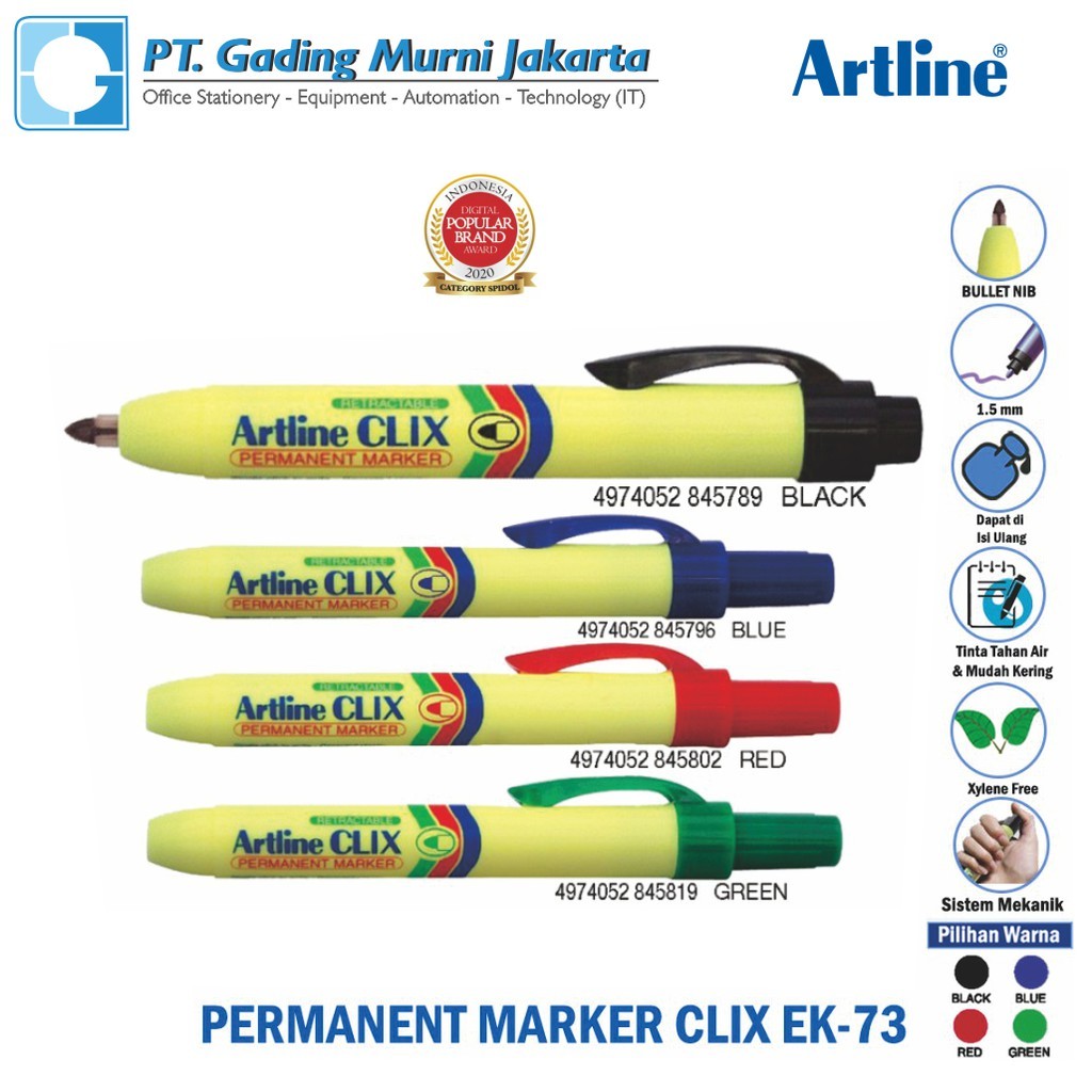 

Spidol Permanent Artline Clix Ek-73 Tahan Air 4 Warna