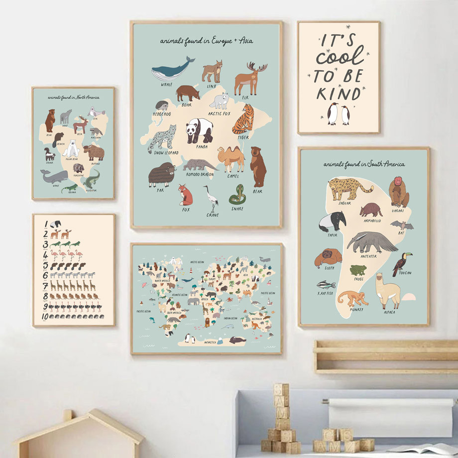 

Alphabet Numbers Animals Australia Africa America Seven Continents Maps Posters Prints Art Canvas Wall Pictures Kids Room Decor