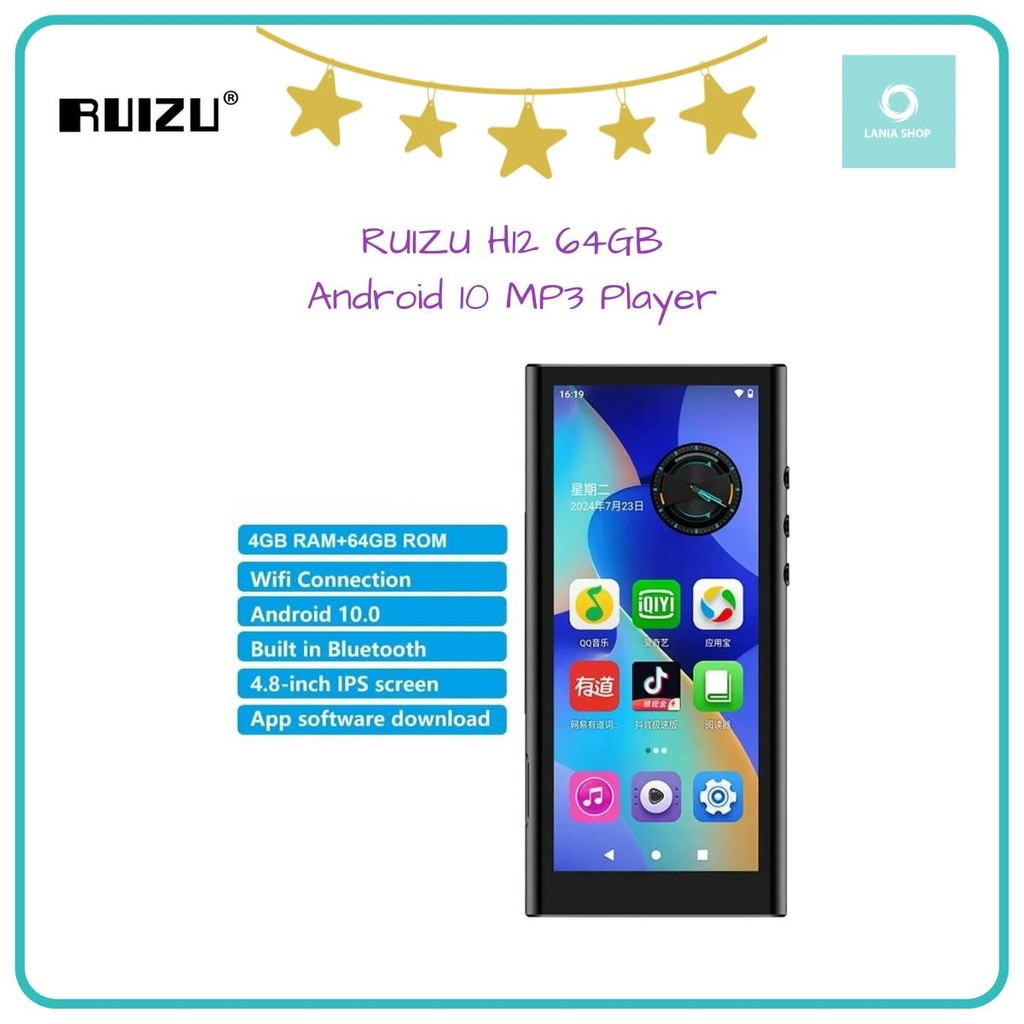 RUIZU H12 64GB Android 10 MP3 Player WiFi Bluetooth Speaker Touchscreen Video Music Player App Downl