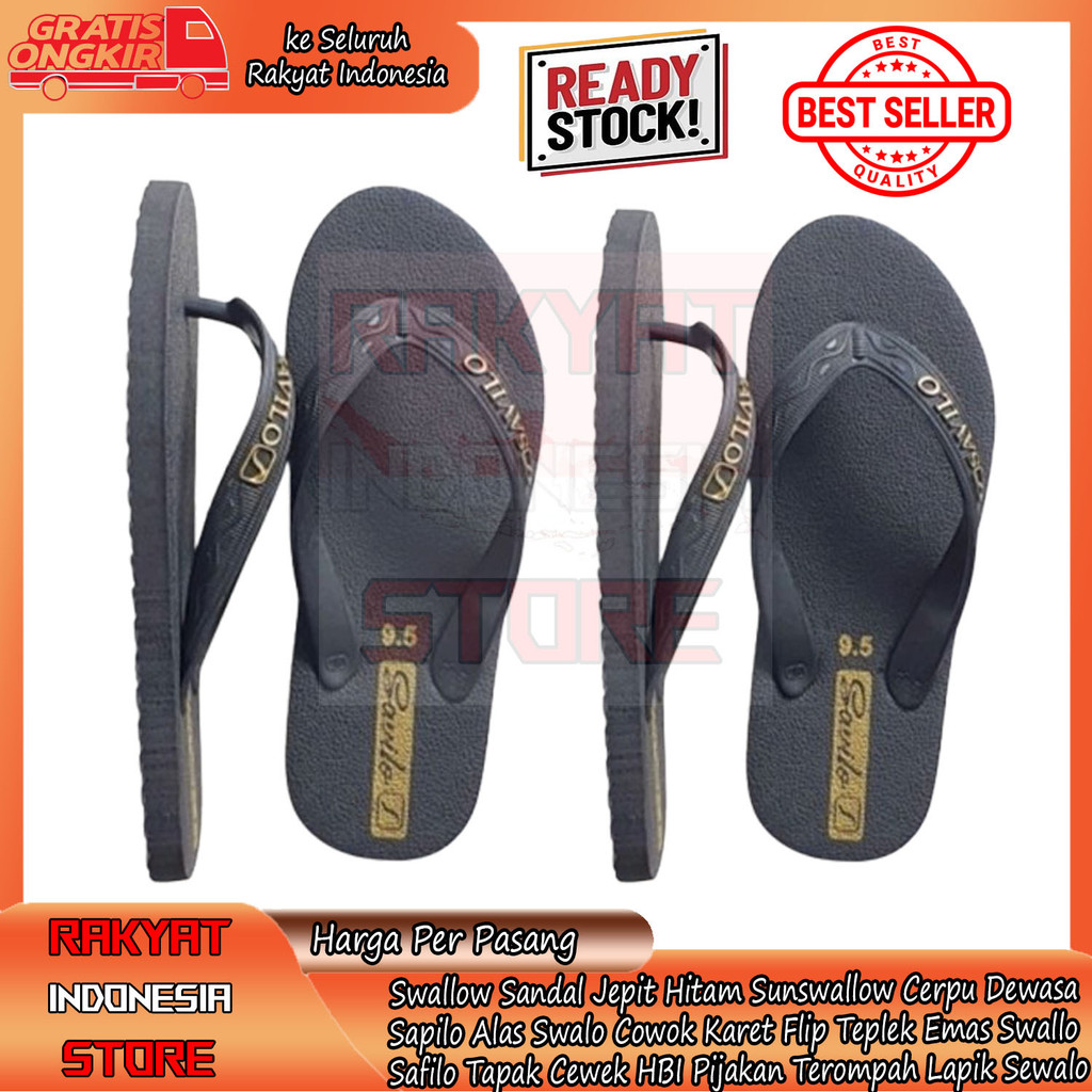 Swallow Sandal Jepit Hitam Sunswallow Cerpu Dewasa Sapilo Alas Swalo Cowok Karet Sni Flip Teplek Ema