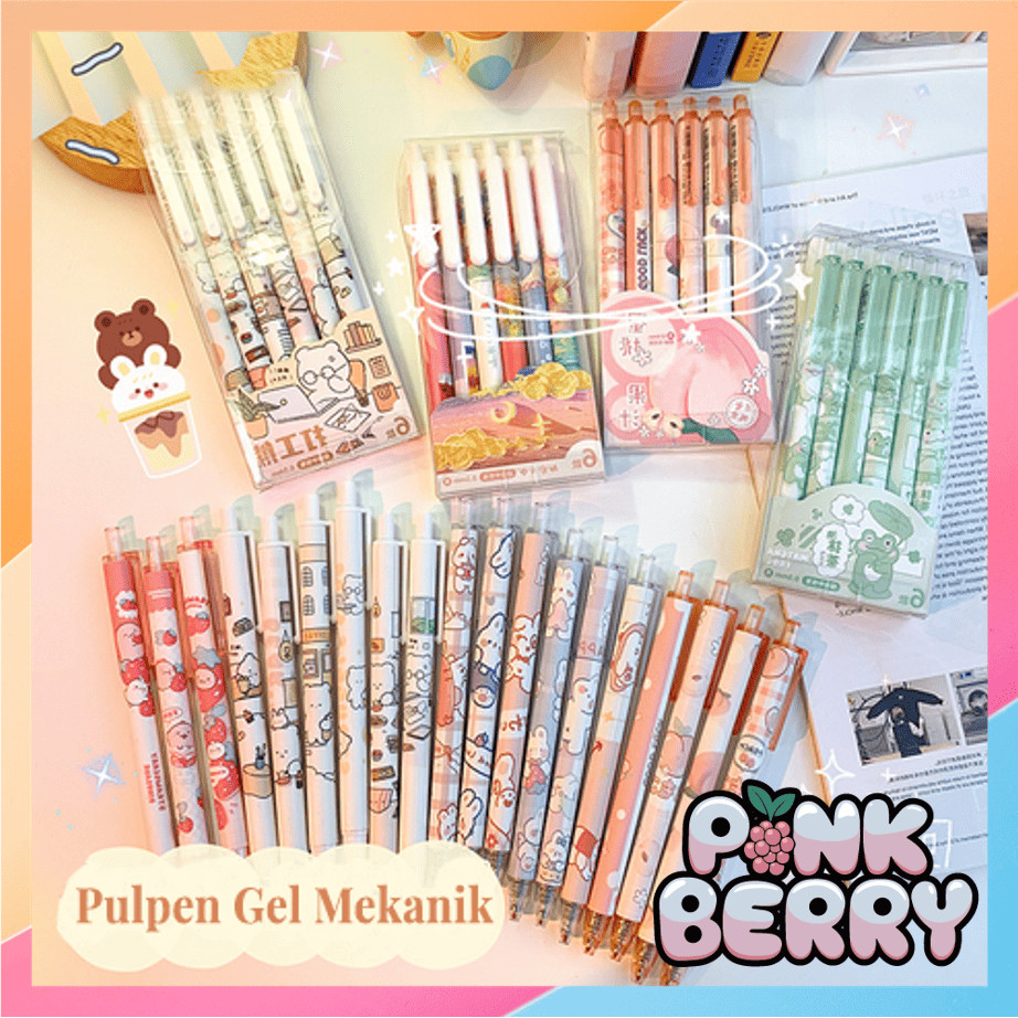 

PINK BERRY S5809 Set Pulpen Gel 6 Pcs Pulpen Gel Lucu Ballpoint Mekanik Pulpen Set Isi 6 PCS