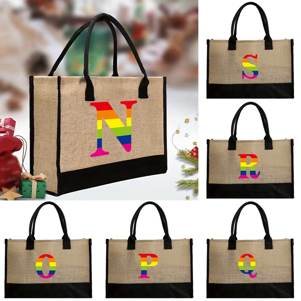 Tas tangan Linen Tote Bags Beach Travel Bags Jute Shopping Bag for Lady Large Jute Bag Printing Rain