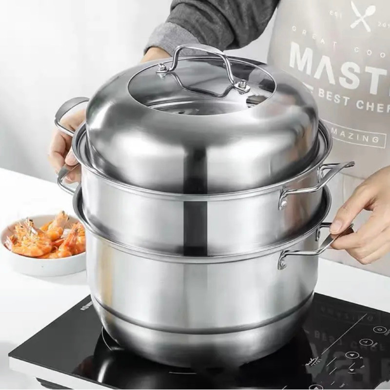Panci Kukus Siomay Dimsum Bakpao Nasi Tim Steamer Dandang Stainless Steel Susun 3 Ukuran 28cm