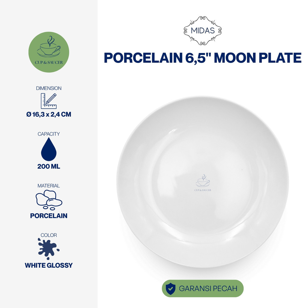 Midas Piring Bulan Bulat Porselen Diameter 6” Inch / 15 cm Putih Polos Kilap Minimalis Kue Porcelain