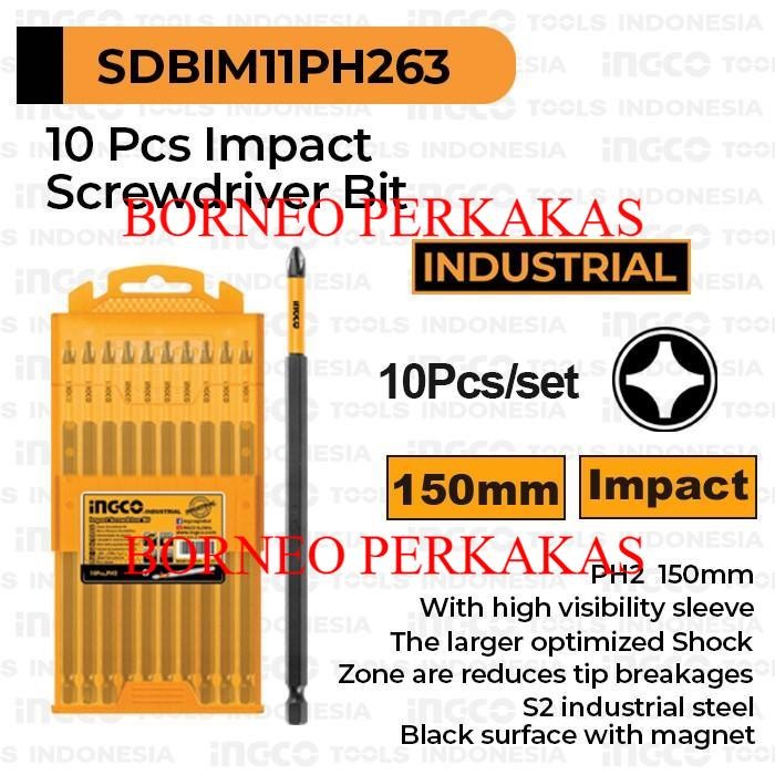 10-Pcs Impact Screwdriver Bit (PH2 150mm) INGCO SDBIM11PH263 Mata Obeng Plus Panjang Magnet Magnetic