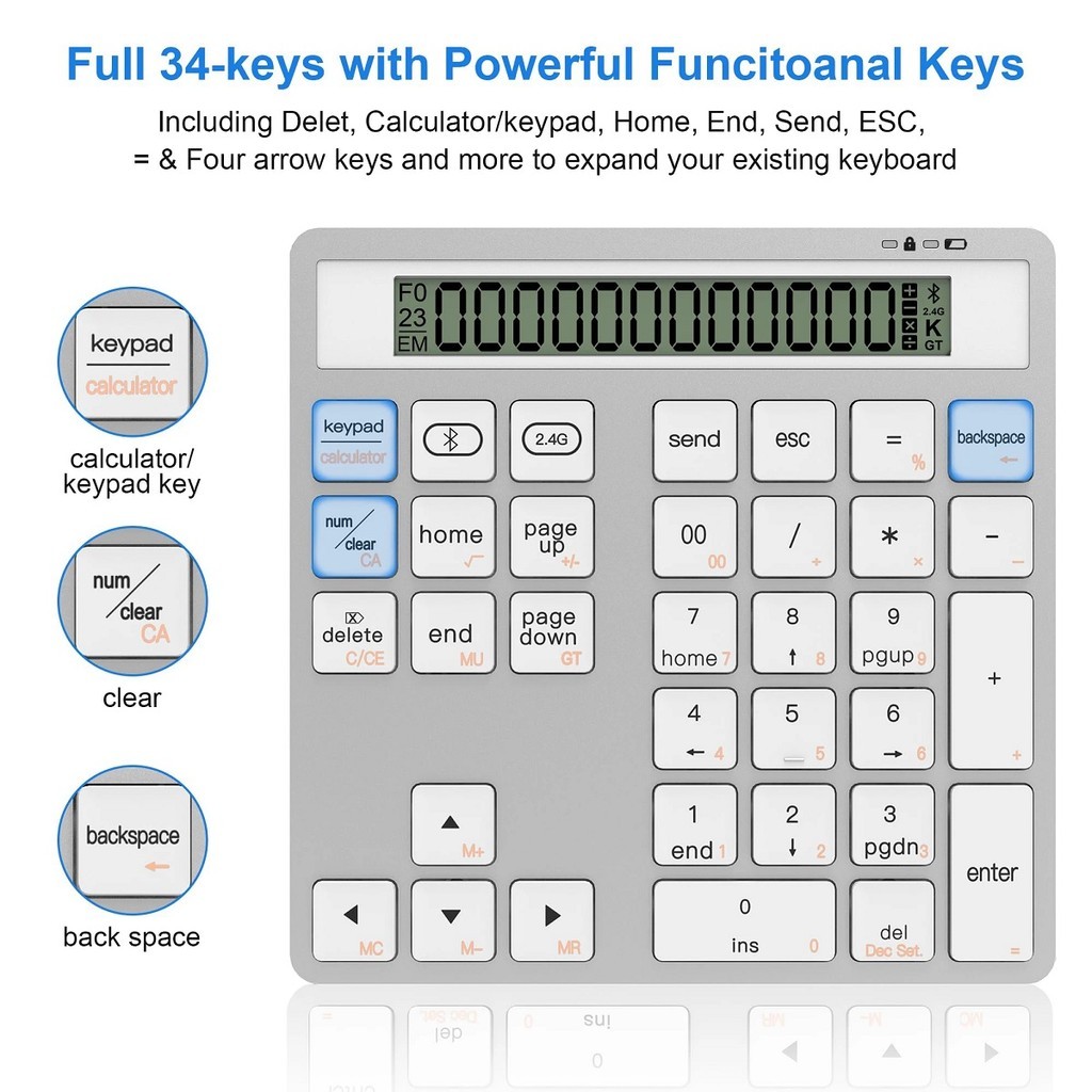 

ROCKWARE Bluetooth Numpad Kalkulator 2-in-1 Keyboard Numerik Wireless 34 Key Display