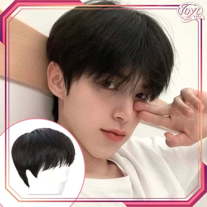 Rambut Wig Pria Pendek Rambut Palsu Pria Korea Wig Cowok Belah Tengah Wik Rambut Pria