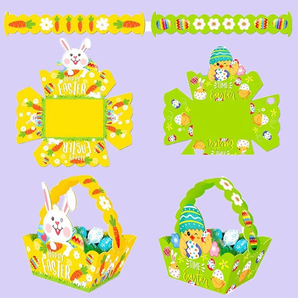 

4Pcs Cartoon Easter Paper Baskets Bunny/Chick with Handle Easter Gift Box Cute Bunny Egg Chicken Boxes Children Crafts