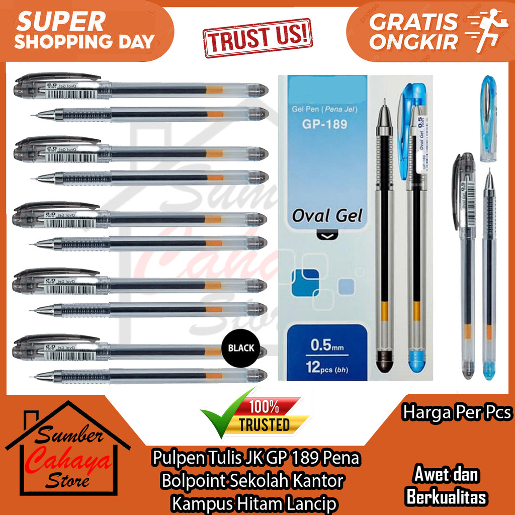 

JK Gel Pen GP 189 Pulpen Pena Oval 0.5 mm Bolpen Tinta Hitam Black Itam Lancip 1 Pcs 12 Pcs Kotak Pack Balpoint Luncip Cair Basah Kantor Alat Tulis Sekolah Kuliah Menulis Kertas Buku Majalah Pelajar NDL Mahasiswa Pekerja Kantoran