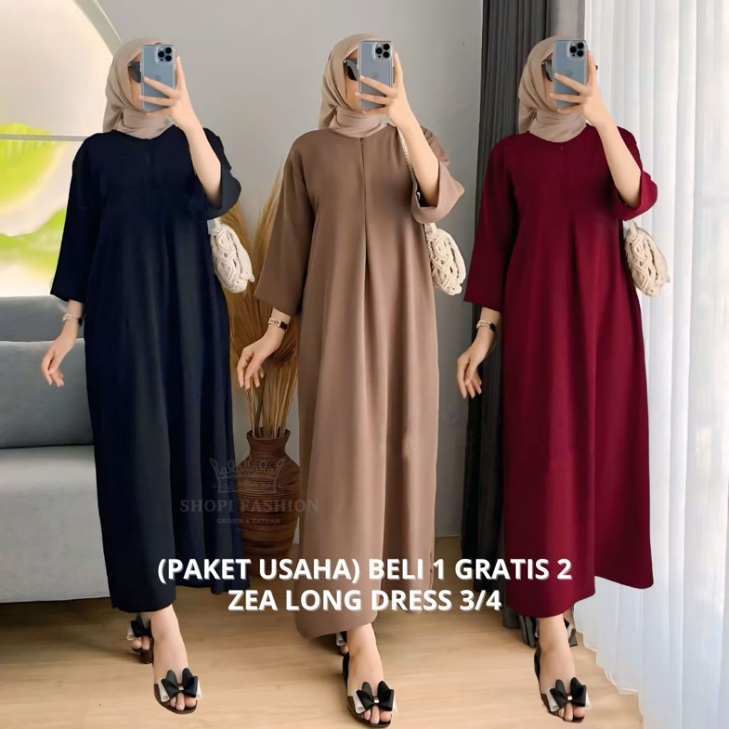 100RB Dapat 3 Pcs Zea Long Dress Polos Lengan 3/4 Daster Gamis Crinkle Airflow Busui Friendly