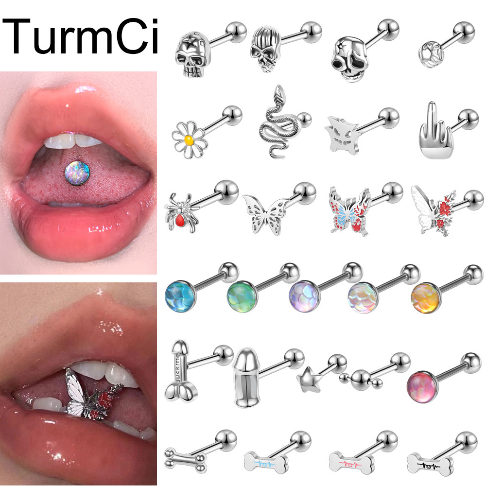TurmCi 1 Buah Stainless Steel Tongue Piercing Punk 14G Tongue Ring Skull Barbell Tongue Piercing Bod