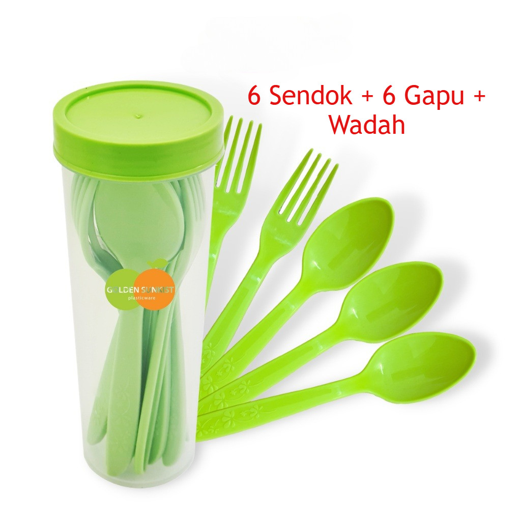 Set Tempat Sendok Garpu Travel 12 Pcs Hijau + Wadah Golden Sunkist Tst 1140