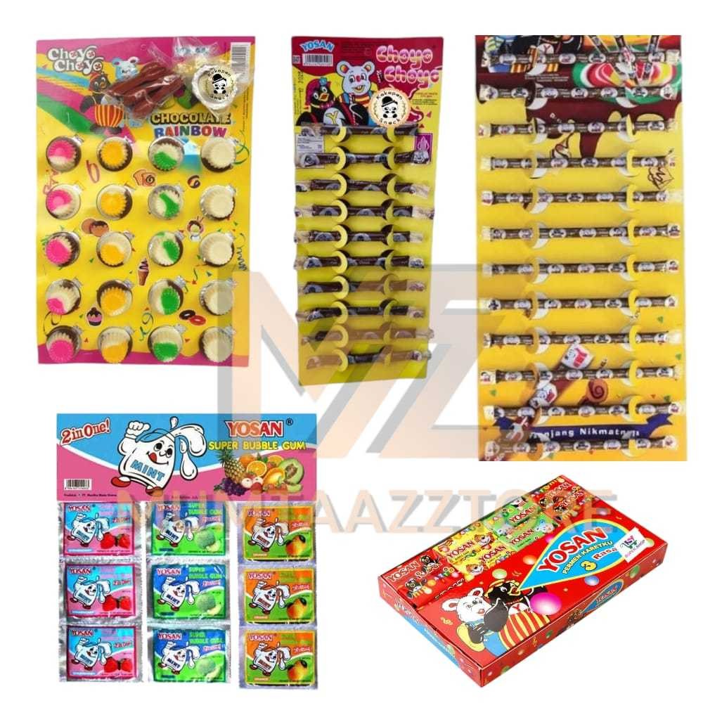 

️SNACK YOSAN Choyo Choyo Stik coklat isi 10 & 12 Rainbow Cup isi 20 | Super Bubble Gum permen karet jadul jajanan | Permen Menta