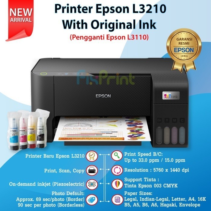 Printer Epson EcoTank L3210 All-in-One (Print - Scan - Copy) New, Pengganti Epson L3110 Multifungsi 