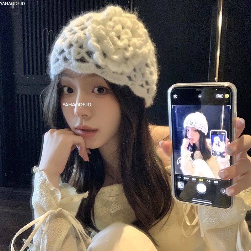 YAHAO-Topi Bertumpuk Berongga Jaring Ikan Jepang Bunga Rajutan Buatan Tangan Topi Baotou Modis