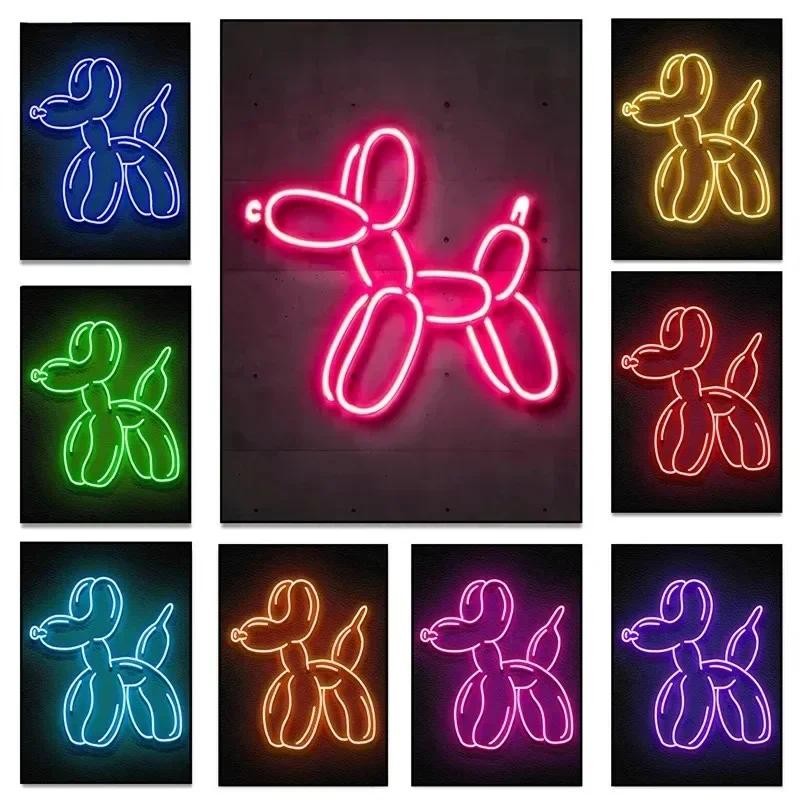 

Canvas Paintings Balloon Dog Poster Neon Artwork Print Cartoon Street Pop Wall Art Picture for Modern Bathroom Kawaii Room Decor