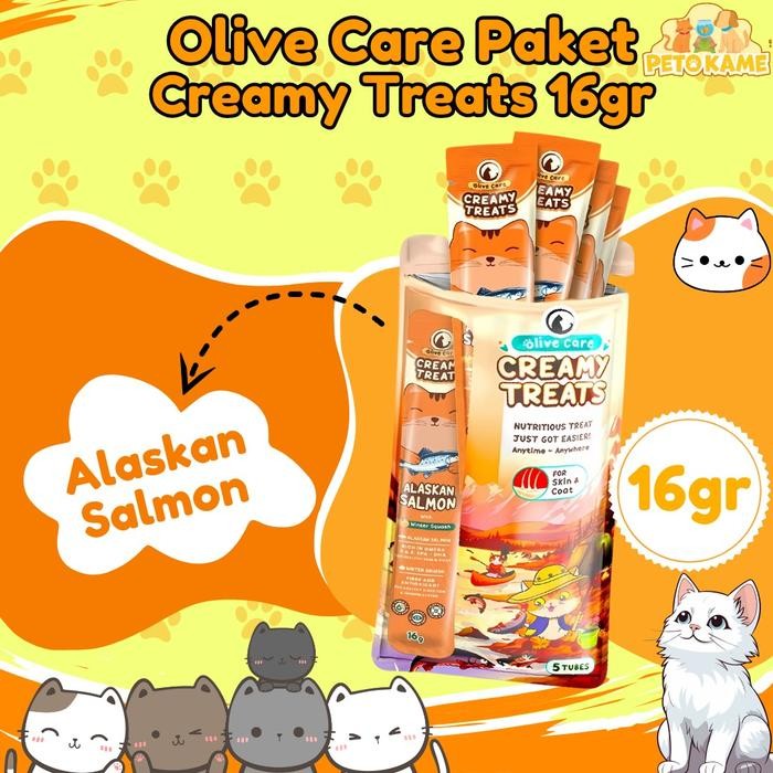 

Olive Care PAKET CREAMY TREATS 16gr isi 5 Snack | Cemilan Kucing Bernutrisi dengan Daging Ayam/Salmon Asli - Salmon 16 gr, Isi 5 Snack