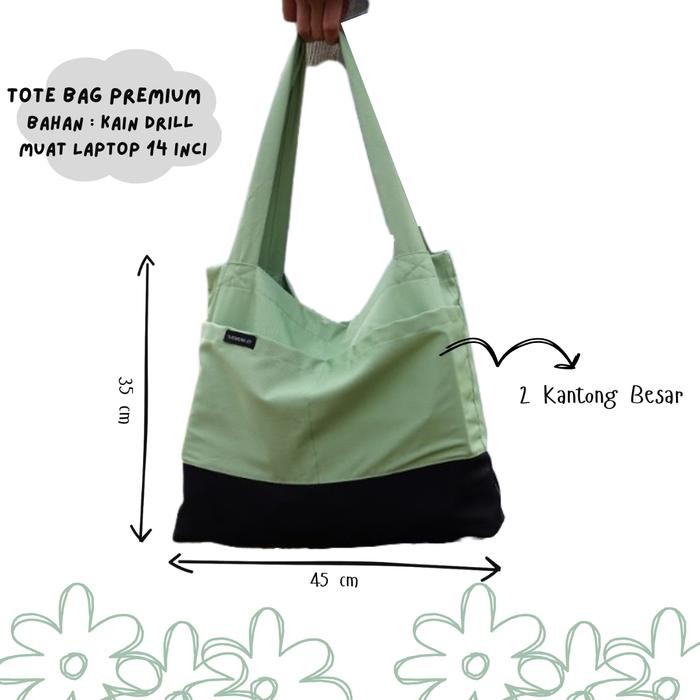 Tas Besar Kombinasi Hijau Sage Hitam Premium Totebag Ukuran Besar 45x35cm Muat Laptop 14 Inch