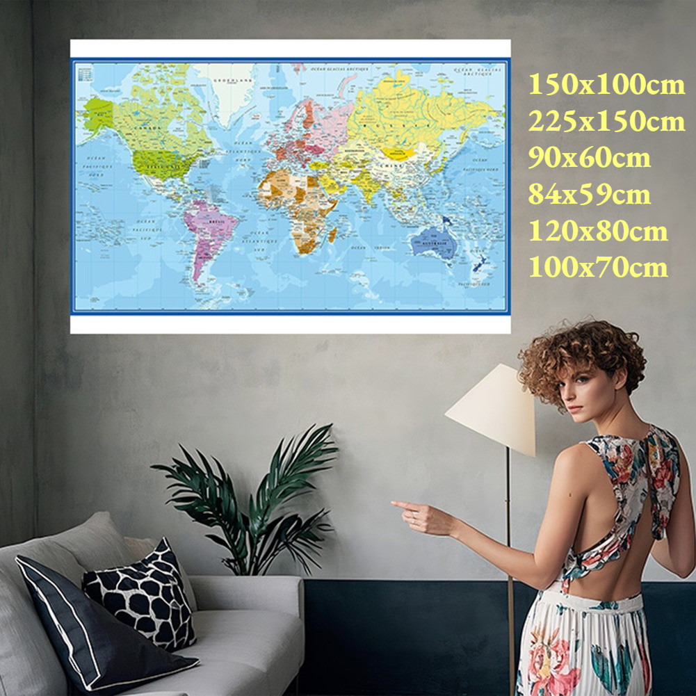 

Wall Poster Map of The World French Language Polyester Vinyl Painting Office School Supplies Home Decoration Carte Monde