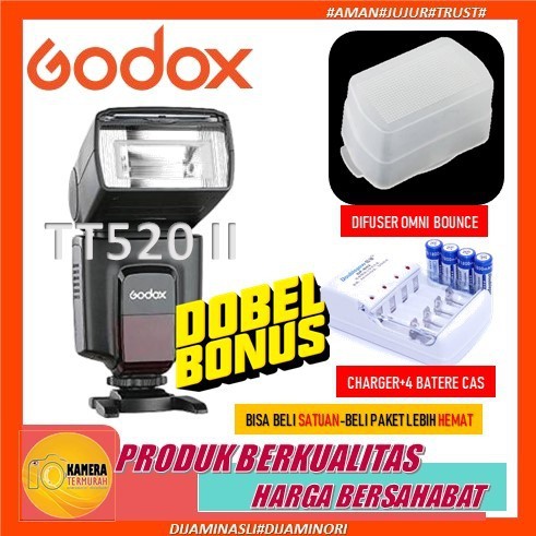 Paket Lampu Flash Eksternal Godox TT520II TT 520 II Kamera Canon Fujifilm Olympus Pentax Sony Nikon