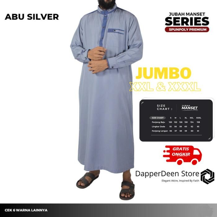 JUMBO Jubah Zain Manset Gamis Pria Ikhwan Baju Muslim Lengan Panjang - Abu Silver, XXL
