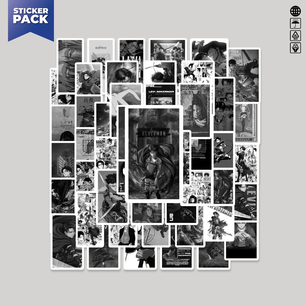 

[100PCS]Stiker Pack Stiker Anime Levi B&W Aesthetic Vinyl Anti Air Dekorasi Sticker Laptop Buku Journal Koper Helm Casing HP Gitar Helm Skateboard
