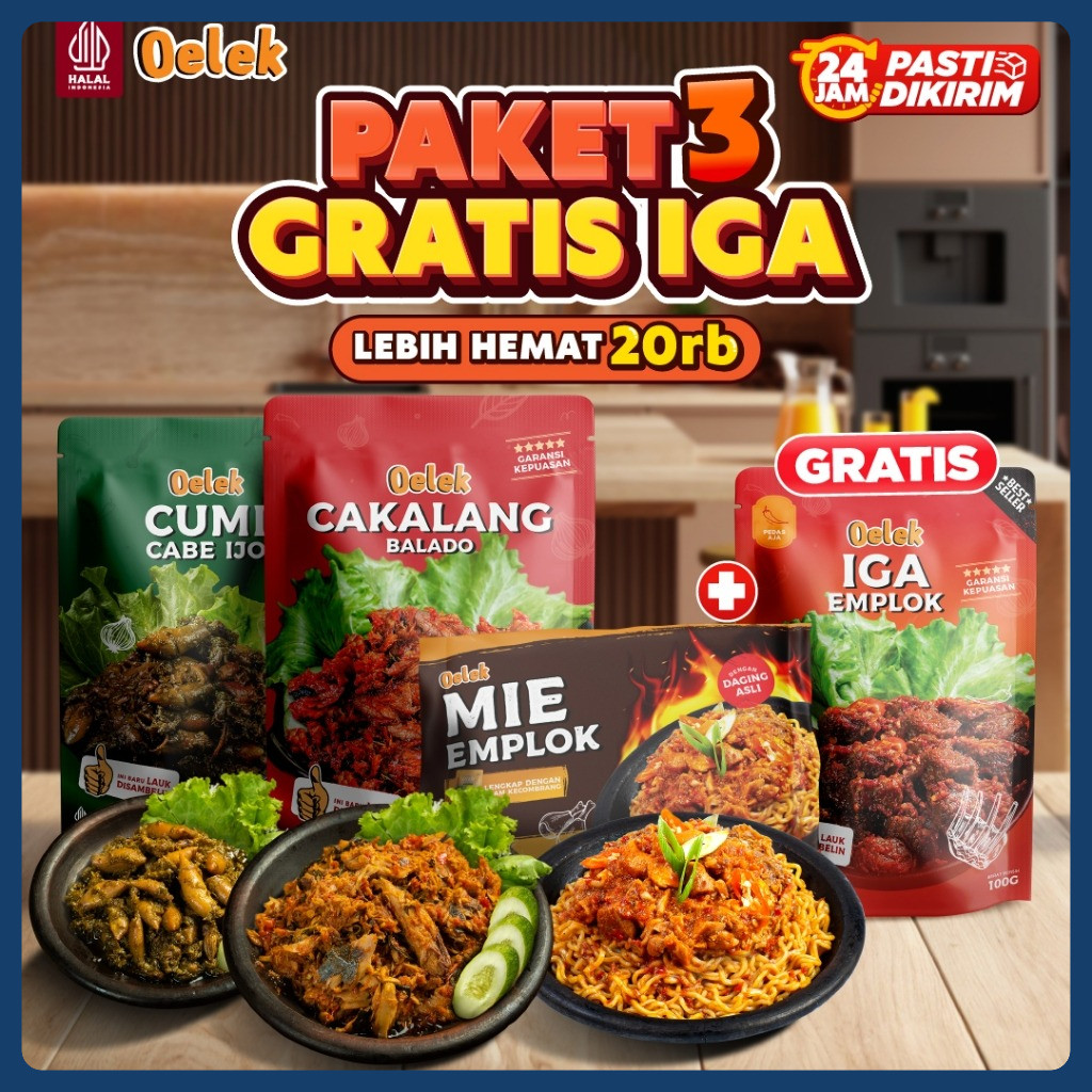 

[Beli 3 Gratis 1 Iga] Oelek Promo Spesial Gratis IGA 1 Pouch isi Lauk Cumi Cabe Ijo / Ceker Emplok + Cakalang Balado + Mie Emplok Cakalang Pedas Nagih Mercon Gurih Lauk Di sambelin