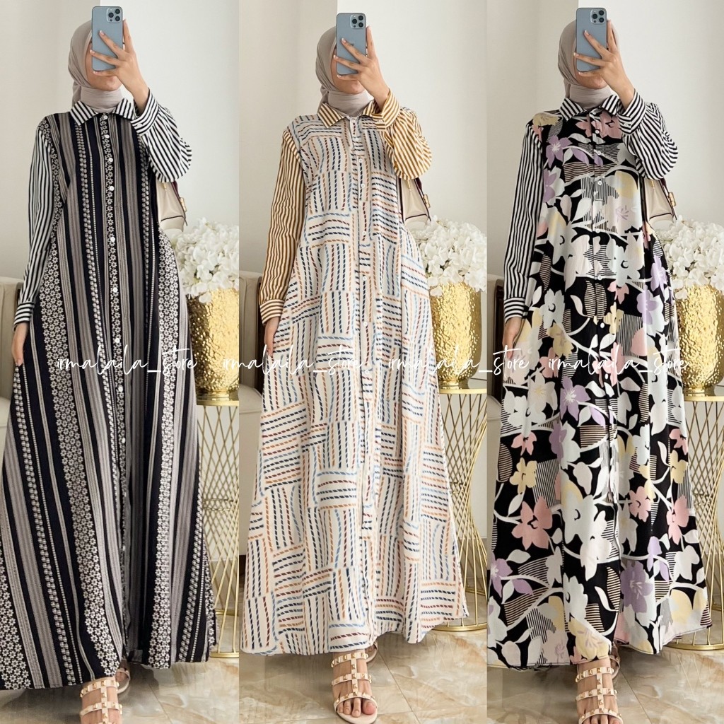 SYABIYA Midi Salur Nadline Dress Gamis Daily Wanita Rayon Motif