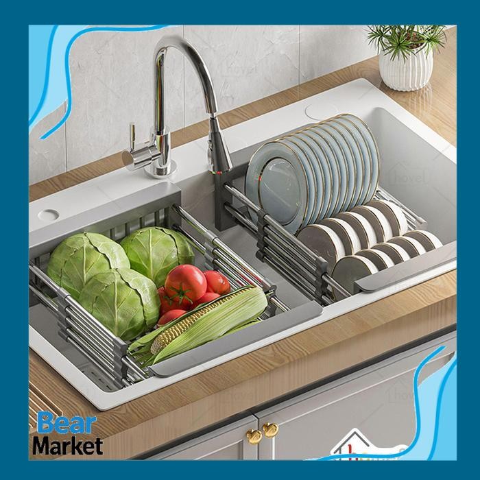 BEAR  Keranjang Wastafel Rak Cuci Piring Tirisan Sayur Pengering Buah Drain Rack Sink Adjustable Sta