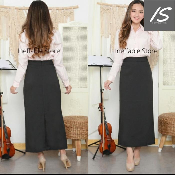 Rok Span Panjang Lurus Lipit Belakang - Hitam - Hitam, S