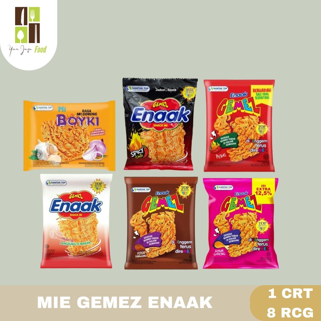 

Mie Gemez Enaak / Mie Enaak / Snack Noodles / Snack Mie kering Rasa Spicy / Ayam Panggang / Ayam Goreng / Ayam Kecap / Pedas 1 Carton / 8 Rcg