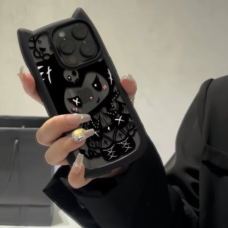 

Kuromi New Dark Style Phone Case Suitable for IPhone 15 14 13 12 Pro Max Personalized Black Cat Ears Transparent Silicone Shell