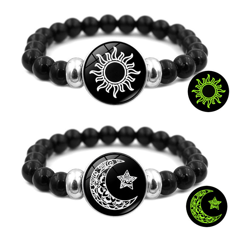 Gelang Pasangan Bercahaya Matahari dan Bulan Gelang Fashion Hitam Elastis Perhiasan Hadiah Pasangan