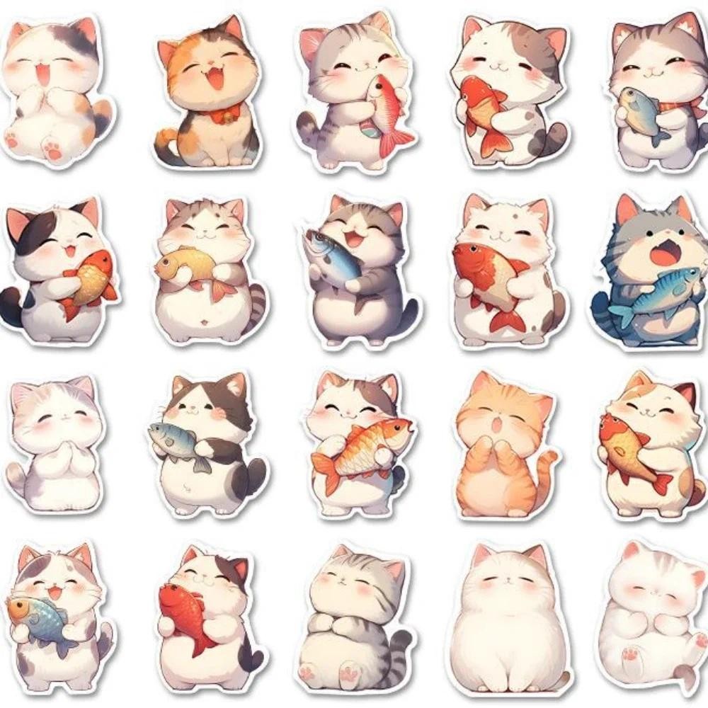 

10/80Pcs Fat Cat Fish Kawaii Laughing Cats Sticker Lovely Kitten Sticker DIY Stationery Phone Gutar Sticker Student Supplies