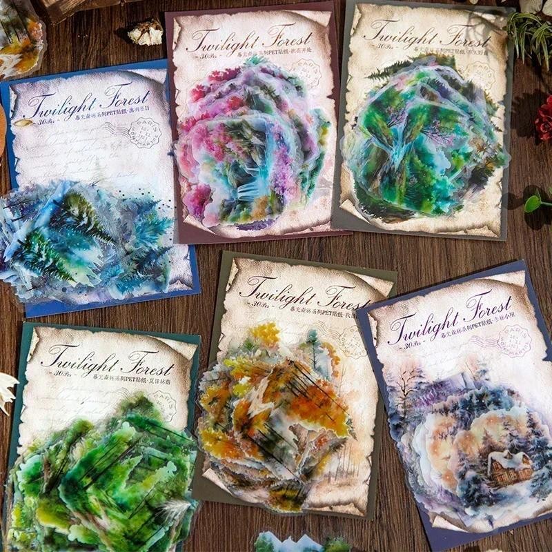 

30 Pcs/set Forest Series Stickers INS Handmade DIY Materials Decorate PET Stickers Suitable For Phone Case Computers Diary Cup
